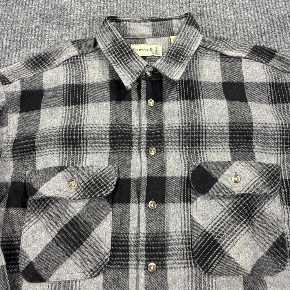 Fieldmaster Flannel Shirt Mens XL Tall Grey Black Plaid Button Down Cotton